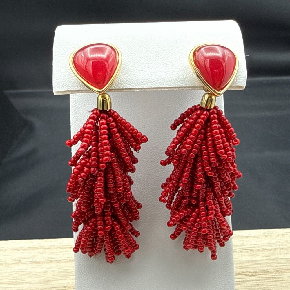Stella & Dot Tassel‎ Earrings RIVA Red Beaded Convertible Cha Cha 2 inch Dangles